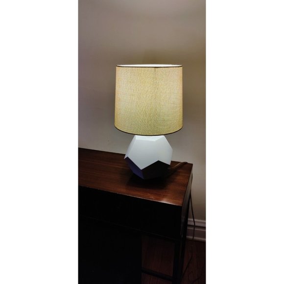 Land Of Nod Table Lamp Round Modern Geometric White Base Beige Shade Bedroom - Picture 1 of 6